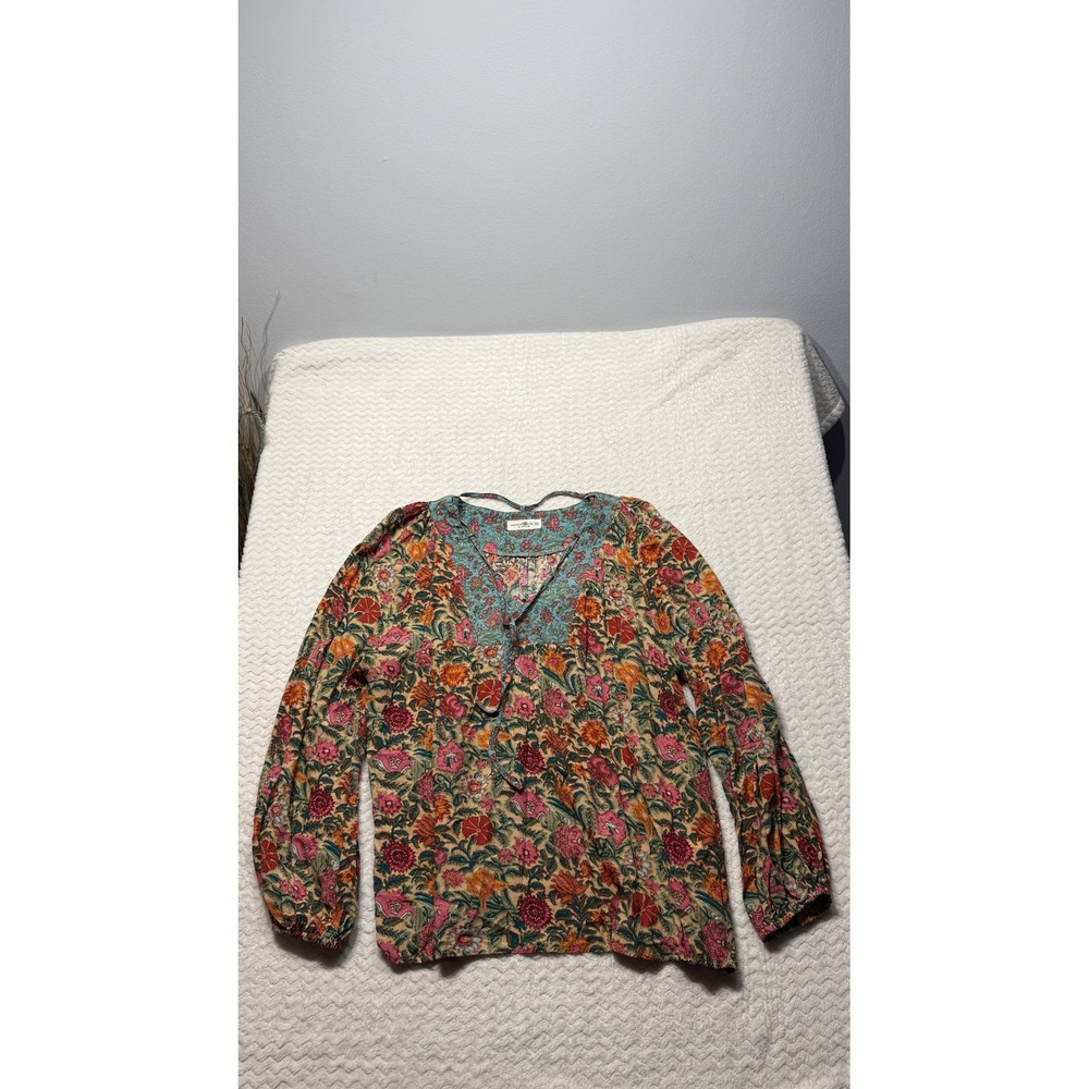Natural Life Women XL Floral Boho Peasant Blouse V-Neck Long Sleeve Rayon Top